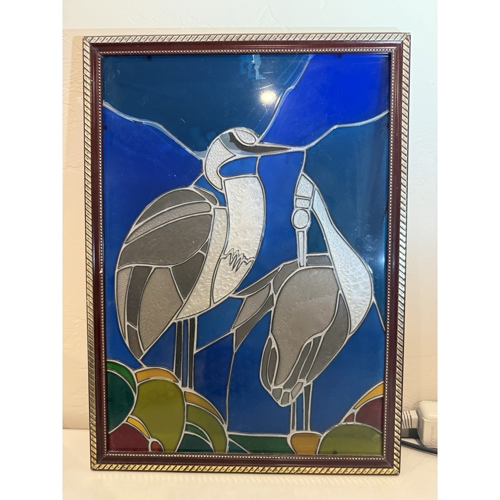 Vintage Style Faux Stained Glass Herons Birds Blues Plastic Framed Panel *Flaws
